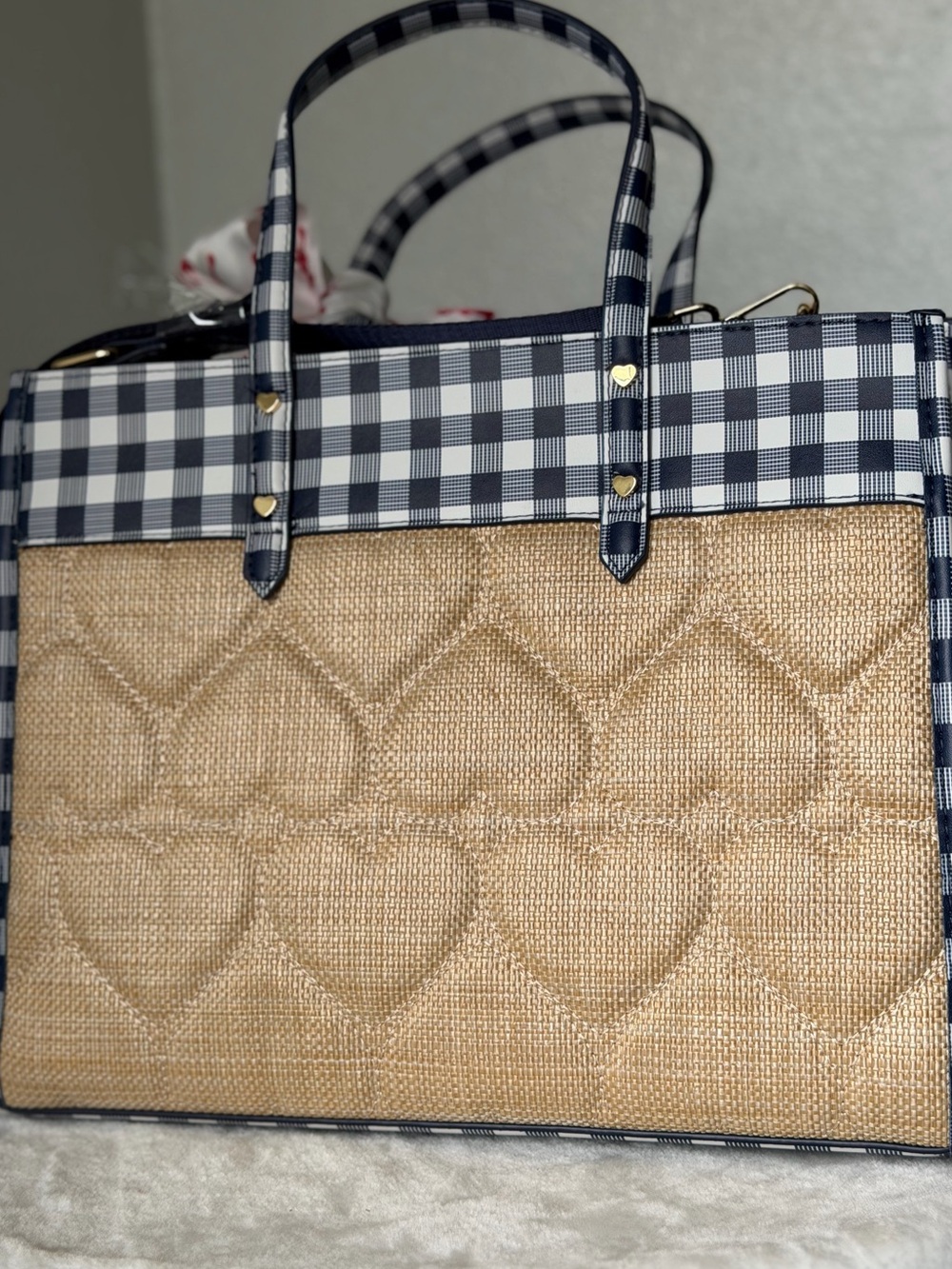 Betsey Johnson Navy blue Gingham quilted heart Straw Tote lobster scarf - Picture 5 of 11